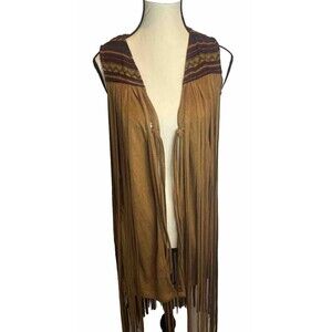 Women’s Loveriche Boho Southwest Fringe Cowgirl BROWN Faux Suede Vest Small NWT